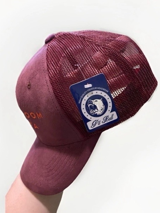 BALLROOM MARFA Suede Trucker Hat - Burgundy & Tangerine. Bold color way. NWT main image 8